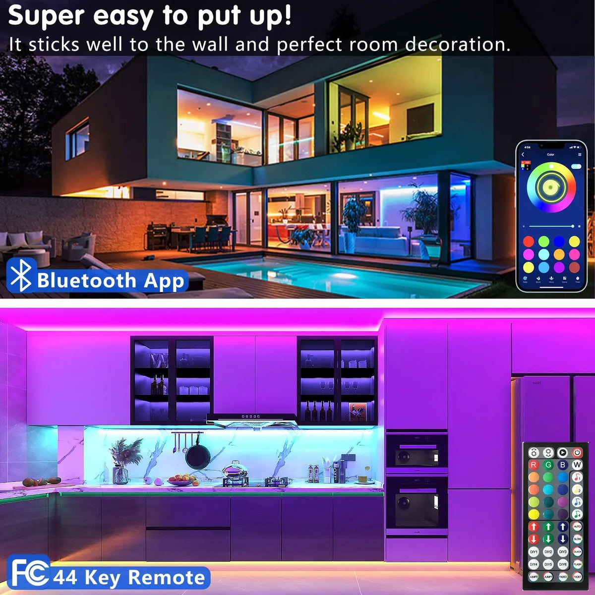 100ft Led Strip Lights (2 Rolls of 50ft) Bluetooth Smart App Music Sync Color Changing  Led Light Strip with Remote and Power Adapter,Led Lights for Bedroom Room Home Decor Party Festival
