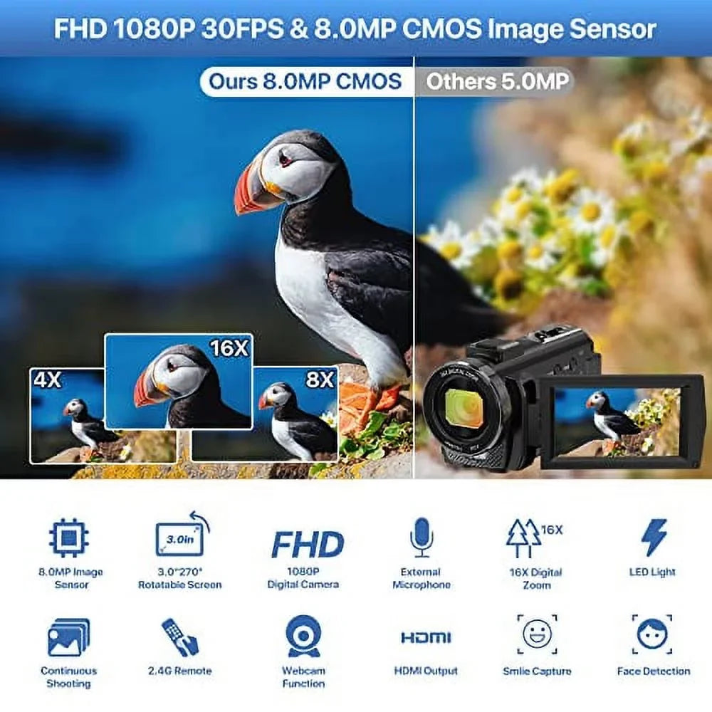 Video Camera Camcorder WiFi  Night Vision  1080P 30FPS YouTube Vlogging Camera Recorder 26MP 3.0'' Touch Screen 16X Digital Zoom Camcorder with Microphone,Remote and 2 Batteries