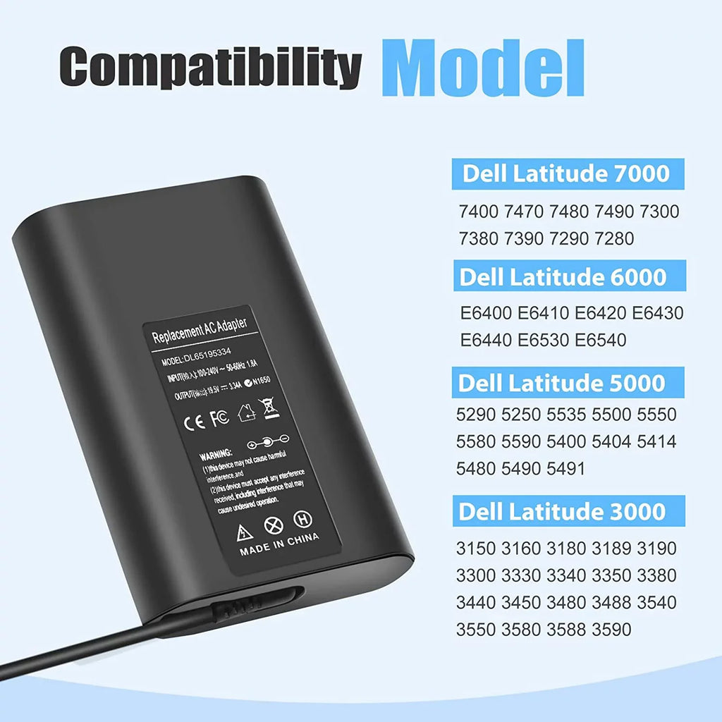 65W LA65NS2-01 Laptop Charger  Adapter for Dell Latitude 5400 5500 5480 7400 7480 7490 7390 3440 E5400 E5420 E5450 E5470 E6420 E6430 E6540 E7470 E7480 LA65NM130