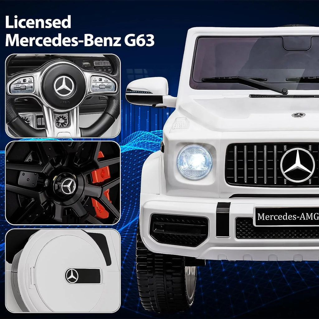 12V Kids Ride on Car, Licensed Mercedes Benz G63 Electric Car w/Remote Control, Music, Spring Suspension,  Light, Bluetooth, Horn, , Safety Lock Battery Powered Electric Vehicle, White