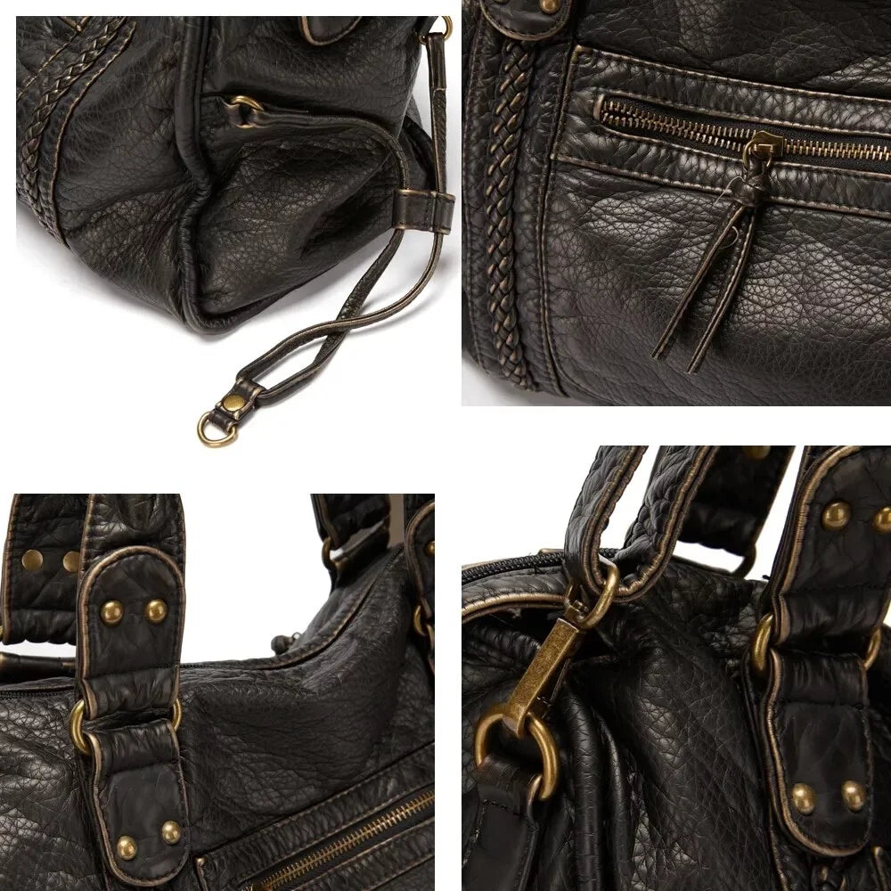 Large Capacity Women Handbag Vegan Leather Tote Bag Vintage Washed Leather Shoulder Bag Quality Bag for Women Office Bag Travel Bag