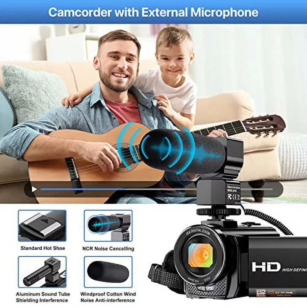 Video Camera Camcorder WiFi  Night Vision  1080P 30FPS YouTube Vlogging Camera Recorder 26MP 3.0'' Touch Screen 16X Digital Zoom Camcorder with Microphone,Remote and 2 Batteries