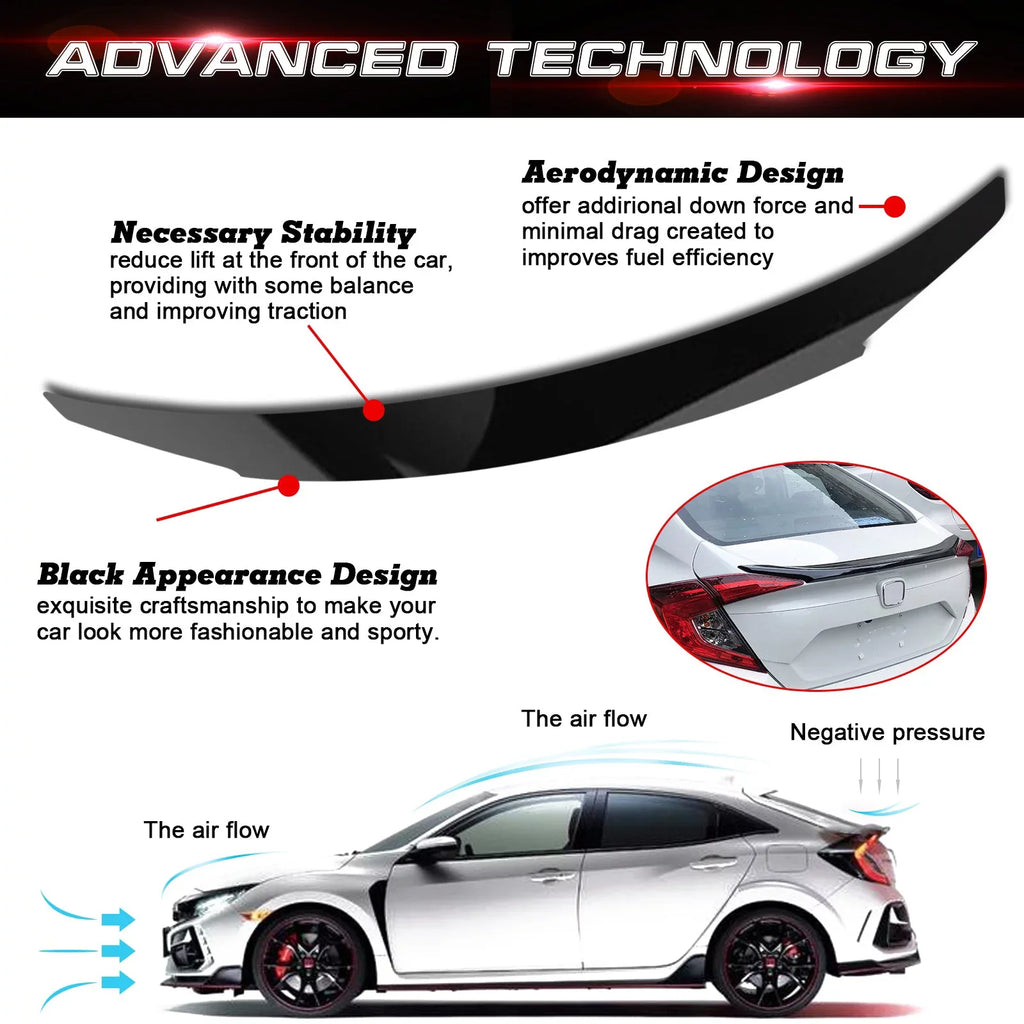 Xotic Tech 4DR  Style Glossy Black Rear Trunk Lip Wing Spoiler Compatible with Honda Civic 2016-2021 10th Gen