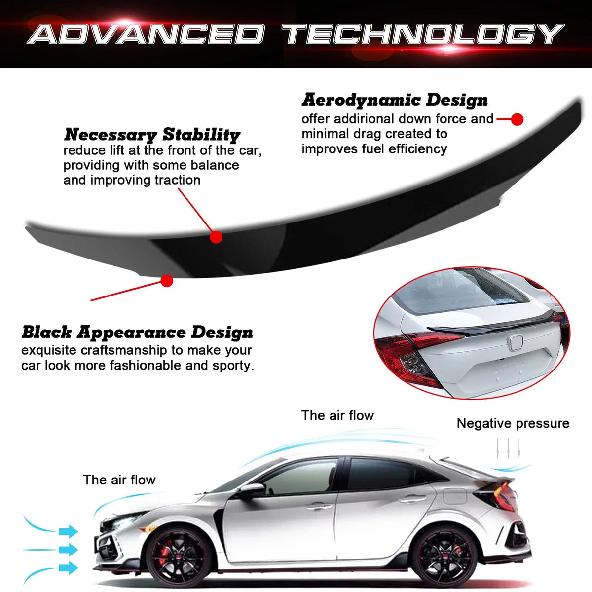 Xotic Tech 4DR  Style Glossy Black Rear Trunk Lip Wing Spoiler Compatible with Honda Civic 2016-2021 10th Gen