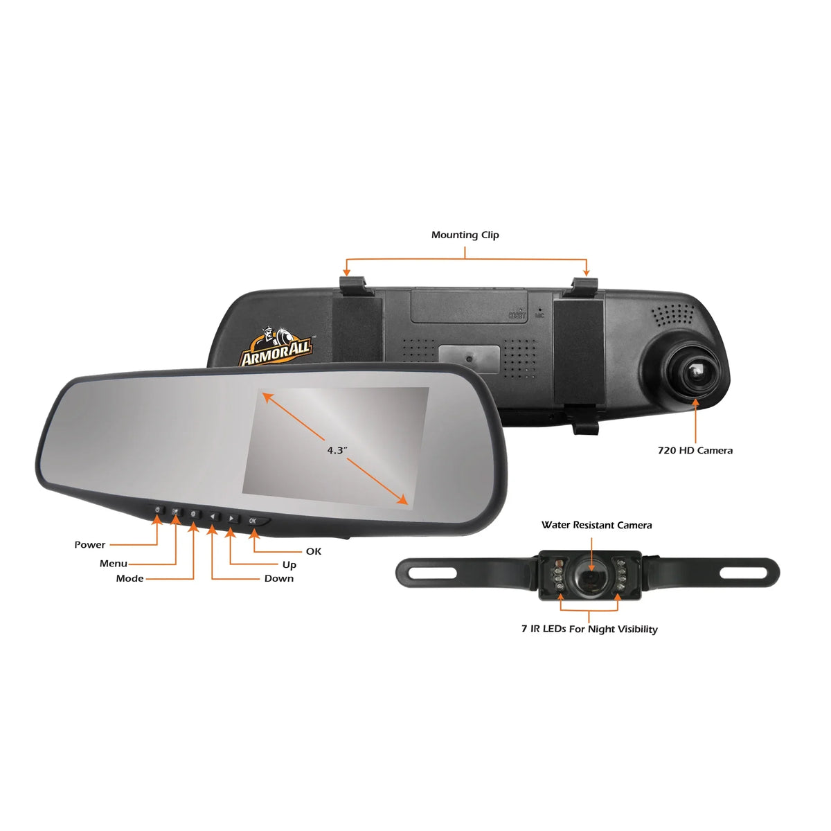 Armor All 720P  Rearview Mirror Dash and Backup Camera, 4.3 Inch  Screen, Instant Motion Direction/Field Of View, 16GB Storage Card Included