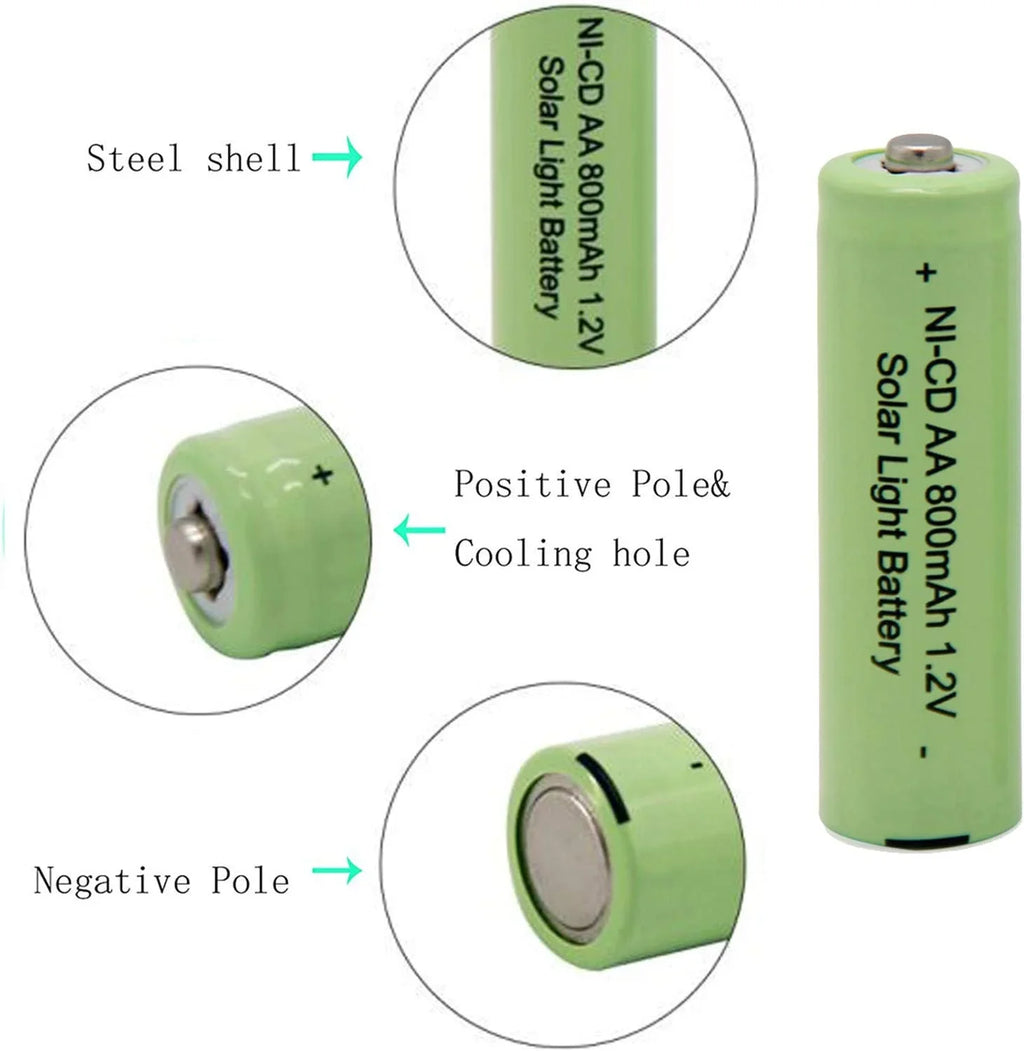 NiCd 800mAh 1.2V Rechargeable Batteries for Outdoor Solar Garden Lights, Remotes, Mice Solar Light Batteries (8 )