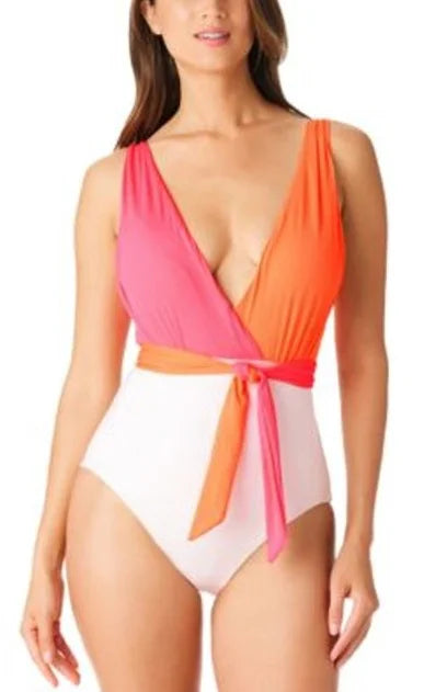 Sanctuary   Colorblocked Tie-Front One-Piece Swimsuit,  Large