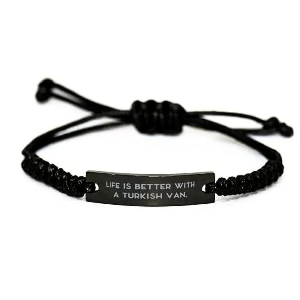 amangny Life is Better with a Turkish Van. Black Rope Bracelet, Turkish Van Cat Present from Friends, Sarcasm Engraved Bracelet for Cat Lovers