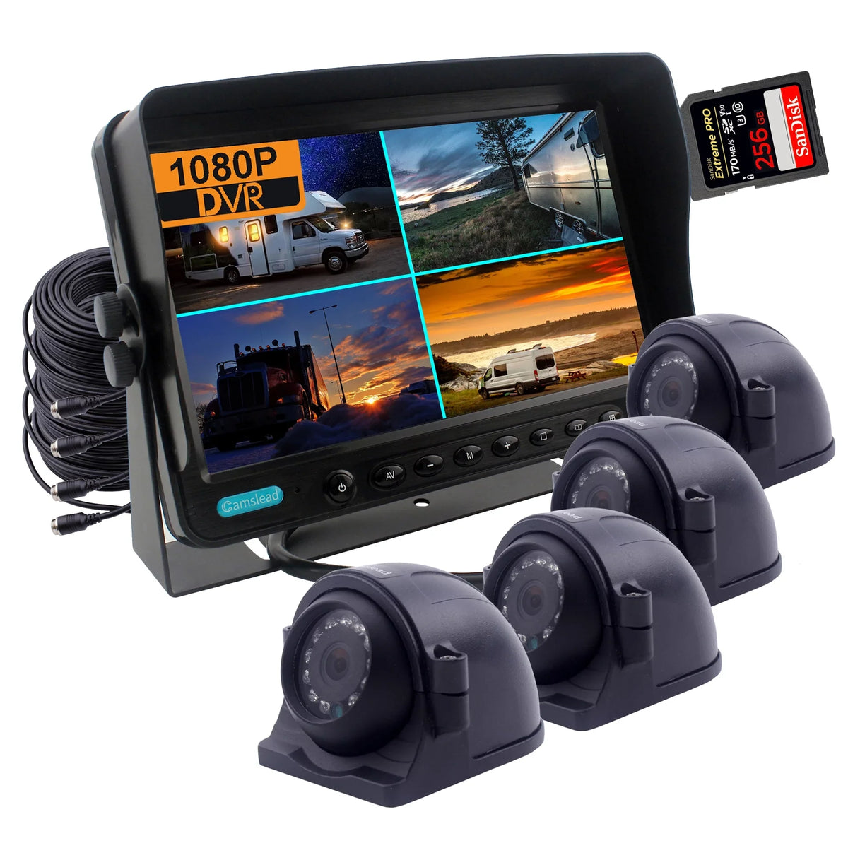 9 inch digital monitor 1080P  Rear View Camera System,   Recorder, 4 Channel Input, Quad Split Screen, 4X 1080P Heavy Duty Waterproof Backup Side View Camera for  Trailer