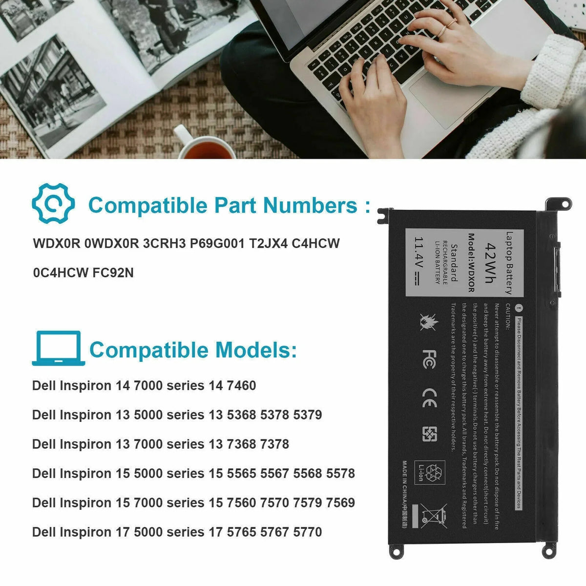 42Wh Battery For  Inspiron 15 5567 5568 13 5368 7368 7569 WDX0R  FC92N