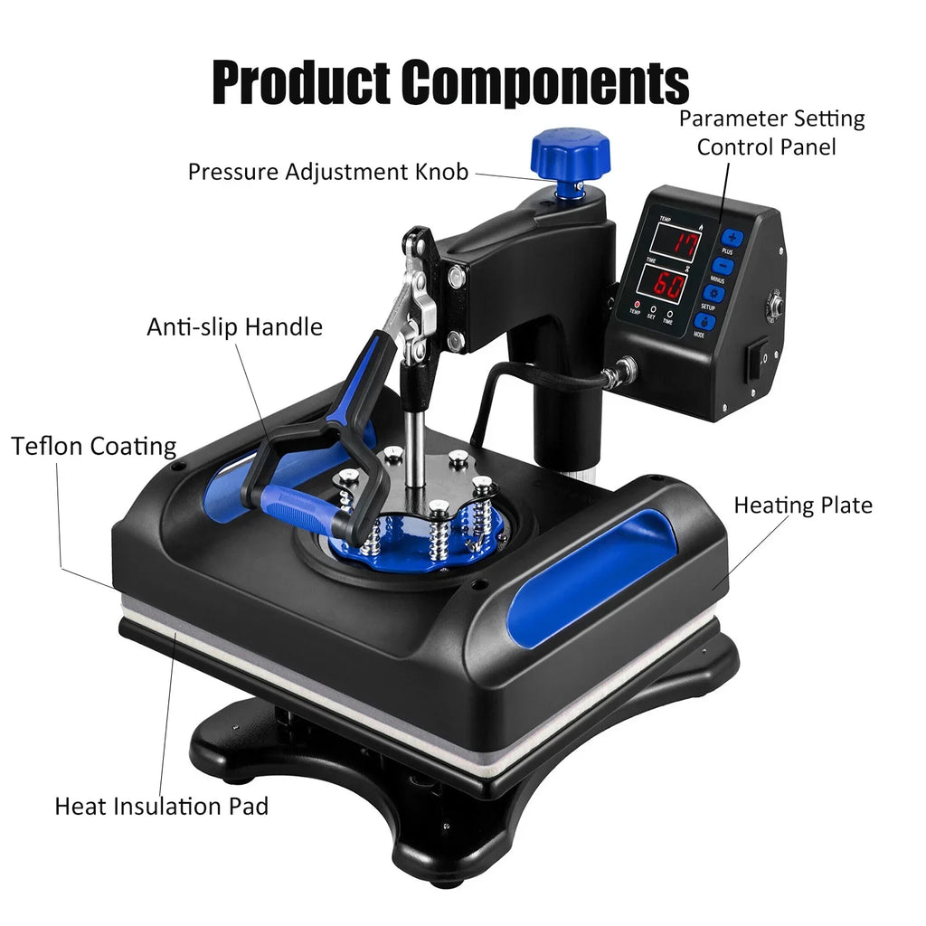Blue Heat Press Machine 8 in 1, 15 x 15 Inches Sublimation Transfer Printer, Digital Precise  Control Printing, 360 Swing Away Vinyl Transfer Printer for T-Shirts, Canvas Bag, Pillow, Banner
