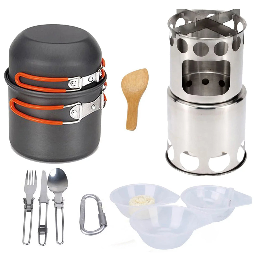 ammoon Cooking Utensils Set with Camping Stove Lightweight Aluminum Pot and Stainless Steel Cutlery Ideal for Backpacking and Picnics
